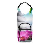 Water Bottle Sling Sleeve Bag, Bottle Carrier Holder Case Cover with Removable Strap Travel Cup Mug Storage with Pockets Pink Orchids Flowers Zen Massage Stones Leaves on Sand