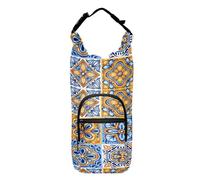 Water Bottle Sling Sleeve Bag, Bottle Carrier Holder Case Cover with Removable Strap Travel Cup Mug Storage with Pockets Italian Mexican Ceramic Tiles Blue Gold Orange Pottery Ethnic