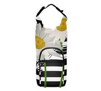 Water Bottle Sling Sleeve Bag, Bottle Carrier Holder Case Cover with Removable Strap Travel Cup Mug Storage with Pockets Music Notes with White Daisies Flowers on Black White Stripes