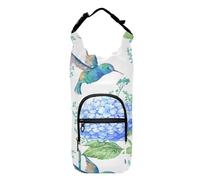 Water Bottle Sling Sleeve Bag, Bottle Carrier Holder Case Cover with Removable Strap Travel Cup Mug Storage with Pockets Blue Purple Hydrangea Flowers, Hummingbird Bird Green Leaves