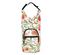 Water Bottle Sling Sleeve Bag, Bottle Carrier Holder Case Cover with Removable Strap Travel Cup Mug Storage with Pockets Orange Peaches with Peach Slices, Green Leaves, Pink Flowers