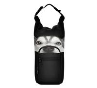 Water Bottle Sling Sleeve Bag, Bottle Carrier Holder Case Cover with Removable Strap Travel Cup Mug Storage with Pockets Close-up Head Peeking Siberian Husky Dog on Dark