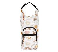 Water Bottle Sling Sleeve Bag, Bottle Carrier Holder Case Cover with Removable Strap Travel Cup Mug Storage with Pockets Ethnic Tribal Brown Rainbows Moon, Sun, Cloud, Dream catcher