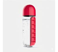 Water Bottle with Built-In 7-Day Pill Organizer, 20oz, Plastic, Travel Bottle with Medicine and Supplement Container (Red)