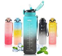 Water Bottle with Straw 1L,Boys Water Bottles with Straw 1 Litre,Waterbottle Leak-Proof Sports Water Bottle,Plastic Drinks Bottles Toxin Free，Bpa-Free (Cyan-Black)