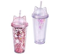 Water Bottle with Straw Glitter Water Cup Double Layer Cup Drinking with Cat Ear for Girl 2PCS 400-500ml Transparent Glitter Bottle, Double Layer Wate