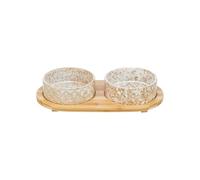 Water Bowl Set - TRIXIE - Ceramic/Bamboo - 2 x 800 ml - White/Natural - 39 x 8 x 20 cm