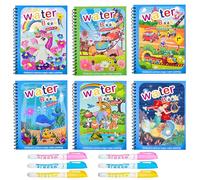 Water Colouring Books, 6 Pack Reusable Magic Painting Gifts with Water Pens, Mess Free Cartoon Drawing for Children, Educational Learning Doodle Toy for Travel Toddler Kid Boy Girl 3 4 5 6 Years Old