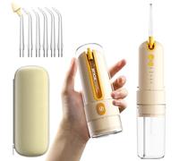 Water Dental Flosser Cordless for Teeth - JIMOK Portable Oral Irrigator, 4 Modes with DIY, 6 Jet Tips, Removable Water Tank, IPX7 Waterproof Powerful Battery Life for Home Travel, Yellow