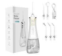 Water Dental Flosser for Teeth Cleaning, Portable Oral Irrigator with 5 Cleaning Modes & 5 Jet Tips, 300ML Tank, Rechargeable Electric Flosser Tooth Pick Set for Travel Home (White)