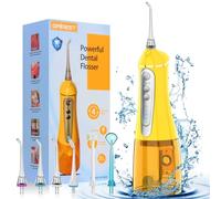 Water Dental flosser for Teeth Cleaning - Rechargeable Cordless Oral Irrigator 4 Modes 6 Tips IPX 7 Waterproof Portable Teeth Cleaner Pick for Home Trave（Yellow）