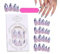 Water Drop Fake Nails - Almond Shape Nail Tips | 24PCS Glossy Full Cover Water Drop Nails | 12 Sizes With Rhombus Crystal Design Decorations | Manicure Set For Women & Girls | Makeup Accessories