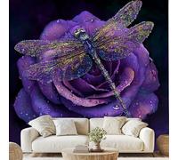 Water Drop Purple Rose 3D Wallpaper Dragonfly Flower Petals Wall Stickers 200x140 cm Fantasy Floral Canvas Wallpaper for Bedroom Living Room Stickers Post Murals Peel and Stick Photo Wall Art zw40x