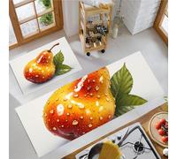 Water Droplets Pear Kitchen Rug Set 2 Pieces Non Slip and Anti Fatigue Mat Set, Washable Still Life Realistic Style Kitchen Floor Mat, Orange-Red Standing Mats for Office Home Decor 40x60cm+40x120cm