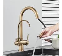 Water Filter Faucet, Pull-Down Dual Handle Hot and Cold Mixer, Antique Brass Stainless Steel Kitchen Sink Tap