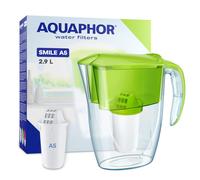AQUAPHOR Smile Water Filter Jug - 2.9L, Fits Fridge Doors, Lightweight, Space-saving, Includes 1 x A5 350L Filter, Reduces Limescale, Chlorine, Microplastics - Green