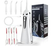 Water Flosser for Teeth Cleaning Rechargeable, Oral Care & Whitening - IPX7 Waterproof, Portable, USB Type-C Charging, 1200mAh Battery 250ml Water Tank Hygiene with 5 Dental Floss (White)
