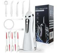 Water Flosser for Teeth Cleaning Rechargeable, Oral Care & Whitening - IPX7 Waterproof, Portable, USB Type-C Charging, 1200mAh Battery 300ml Water Tank, 4 Nozzles for Dental Hygiene (White)
