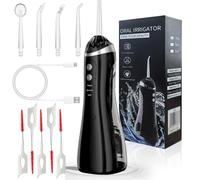 Water Flosser with 5 Pressure Levels, IPX7 Waterproof, Portable USB Type-C Charging, 300ml Water Tank, 360° Rotating 4 Nozzles & 4 Dental Floss Teeth Cleaning, Oral Hygiene, Whitening (Black A)