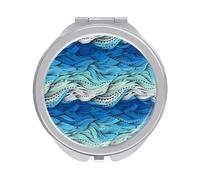 Water hand Drawn Blue Turquoise White Sea Waves Folding Make Up Mirror, Compact 2X/1X Magnification Mirror, Women Portable Travel Makeup Mirror 2.4 x 2.4 inch