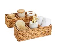 Water Hyacinth Baskets, 2-Pack of Rectangular Storage Baskets with 3 Compartments for Bathroom, 36.5 x 15 x 11 cm