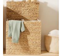 Gr8 Home Extra Large Rectangular Water Hyacinth Double Laundry Hamper Woven XL Washing Basket With 2 Compartment Liner Bags Clothes Storage Bin Organiser Box Truck Chest With Lid