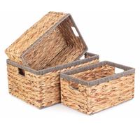 Water Hyacinth Set of 3 Water Hyacinth With Grey Rope Border Rectangular Storage Basket Red Hamper Brown One Size