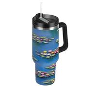Water Lilies Blue Tumbler with Handle 40 Oz, Stainless Steel Insulated Water Bottle with Straw for Men Women Travel