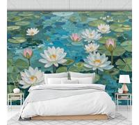 Water Lilies in The Pond Photo Wallpaper -400 X 280 Cm Non-Woven Premium Fleece Wall Mural, Impressionist Oil Painting Style Bedroom Living Room Decoration Poster