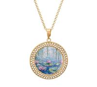 Water Lilies Lotues Weeping Willow Round Pendant Necklace Diamond Edging Brilliant Personalized Jewelry Gifts for Women Golden-style
