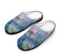 Water Lilies Lotues Weeping Willow Slippers Women Winter Warm Cotton Hotel Slippers Anti-Slip Indoor Slip-Ons House Shoes 9-10（40-41）