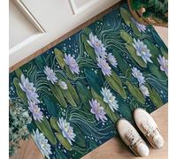 Water Lilies Runner Rug, Nature-Inspired Serene Water Lily Leaf Bubbles Spring Dark Green Low Pile Sponge Edge Binding Doormat Throw Rug Rectangle for Kitchen Entryway Bathroom Doorway Decor 2x3 Ft