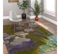 Water Lilies Washable Area Rug 100x150cm Floral Low Pile Foldable Rugs | Purple Flowers Green Leaf Non-slip Carpet for Living Room Kitchen Bedroom