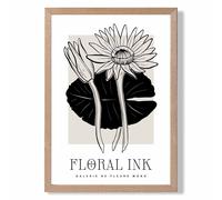 Water Lillies in Black and Beige Floral Ink Sketch Framed Print SIZE: A2 with Oak Frame ARTZE Beige A2