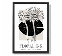 Water Lillies in Black and Beige Floral Ink Sketch Framed Print SIZE: A3 with Black Frame ARTZE Beige A4