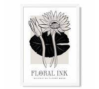 Water Lillies in Black and Beige Floral Ink Sketch Framed Print SIZE: A3 with White Frame ARTZE Beige A4