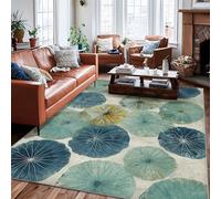 Water Lily Area Rug, Modern Nature-Inspired Leaf Circle Spring Teal Low Pile Home Floor Rectangle Print Carpet Rugs for Living Room Bedroom Kitchen Hallway Decor 6' X 9'