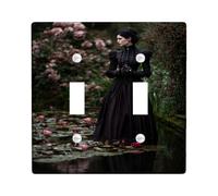 Water Lily Bathroom Double Light Switch Cover Plate, Gothic Romantic Flowers Water Spring Black Plastic Standard Size Switch Plate Decorative for New Apartment Home Bedroom Office Decor