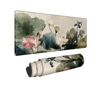 Water Lily Blossom Large Gaming Mouse Pad, Elegant Peach Green Watercolor Flowers Stitched Edge Mousepad, Rubber Non-Slip Washable Gaming Mouse Pad for Home and Office Computer, Laptop 16x36 Inch