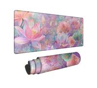 Water Lily Blossom Large Gaming Mouse Pad, Peach Violet Watercolor Floral Stitched Edge Mousepad, Rubber Non-Slip Washable Gaming Mouse Pad for Home and Office Computer, Laptop 16x36 Inch