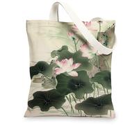 Water Lily Canvas Tote Bags, Elegant Floral Design Reusable Shopping Bags, Lightweight Washable Eco-Friendly Shoulder Bags, Green, 13x15 Inch