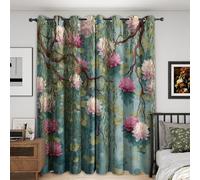 Water Lily Curtains for Bedroom 66x90, Lotus Flower Curtains Blackout Living Room Home Decor, Printed Window Eyelet Drapes 90 Inch Drop 2 Panels - yu196