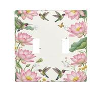 Water Lily Double Light Switch Cover Plate, Floral Natural Hummingbird Butterfly Spring Peach Plastic Standard Size Decorative Wall Plates for Home Living Room New Apartment Decor