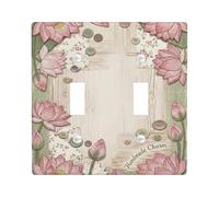 Water Lily Double Light Switch Cover Plate, Rustic Vintage Buttons Leaves Spring Peach Plastic Standard Size Switch Plate Decorative for Home Living Room New Apartment Decor