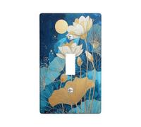 Water Lily Floral Light Switch Cover Plates/Outlet Covers, Blue and Gold Decorative Wall Accents, Thermoplastic Wall Plates, Standard Size, Elegant Design Single Toggle