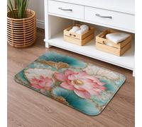 Water Lily Floral Quick Dry Bath Mat, Peach Flower and Leaf Design Non Slip Shower Mat, Memory Foam Washable Bath Rugs for Bathroom 16x24 Inch