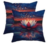 Water Lily Flower Pillow Covers Set of 2, Red and Blue Water Lily Throw Pillow Cases, Autumn Decorative Square Home Sofa Couch Decor, Ideal for Relaxation and Comfort 20x20 Inch