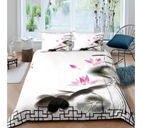 Water Lily Flowers Duvet Cover Double Ink Painting Bedding Set 3D Print Soft Microfiber Quilt Covers 200x200 cm with Zipper Closure and 2 Pillowcases 50x75 cm for Adults J.3430