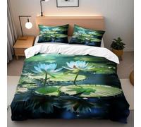 Water Lily King Size Duvet Cover Sets Green Plants Bedding Set 3D Print Soft Microfiber Quilt Covers 230x220 cm with Zipper Closure and 2 Pillowcases 50x75 cm for Adults B.2159