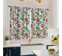 Water Lily Kitchen Curtains, Botanical Natural Leaf Water Droplets Spring Peach Sink Window Curtains for Laundry Room Sink Area Hallway Apartment Window Decor 26x45 Inch